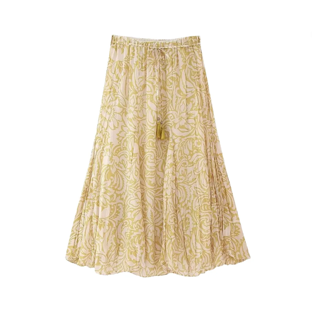 Pre Order:  High Waist Lace Up A-Line Printed Midi Skirt