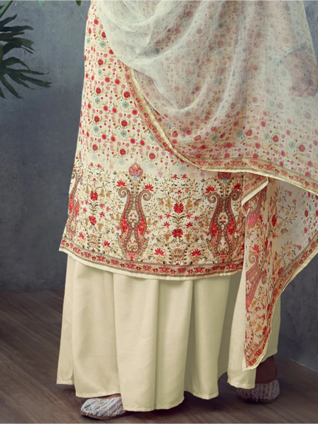 Printed Un-Stitched Beige Palazzo Suit with Dupatta