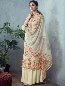 Printed Un-Stitched Beige Palazzo Suit with Dupatta