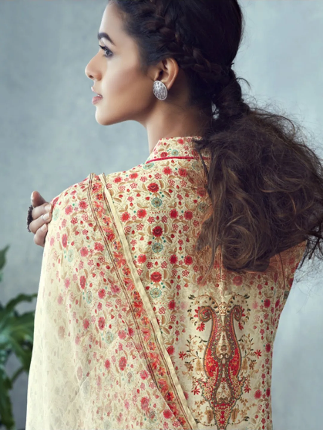 Printed Un-Stitched Beige Palazzo Suit with Dupatta