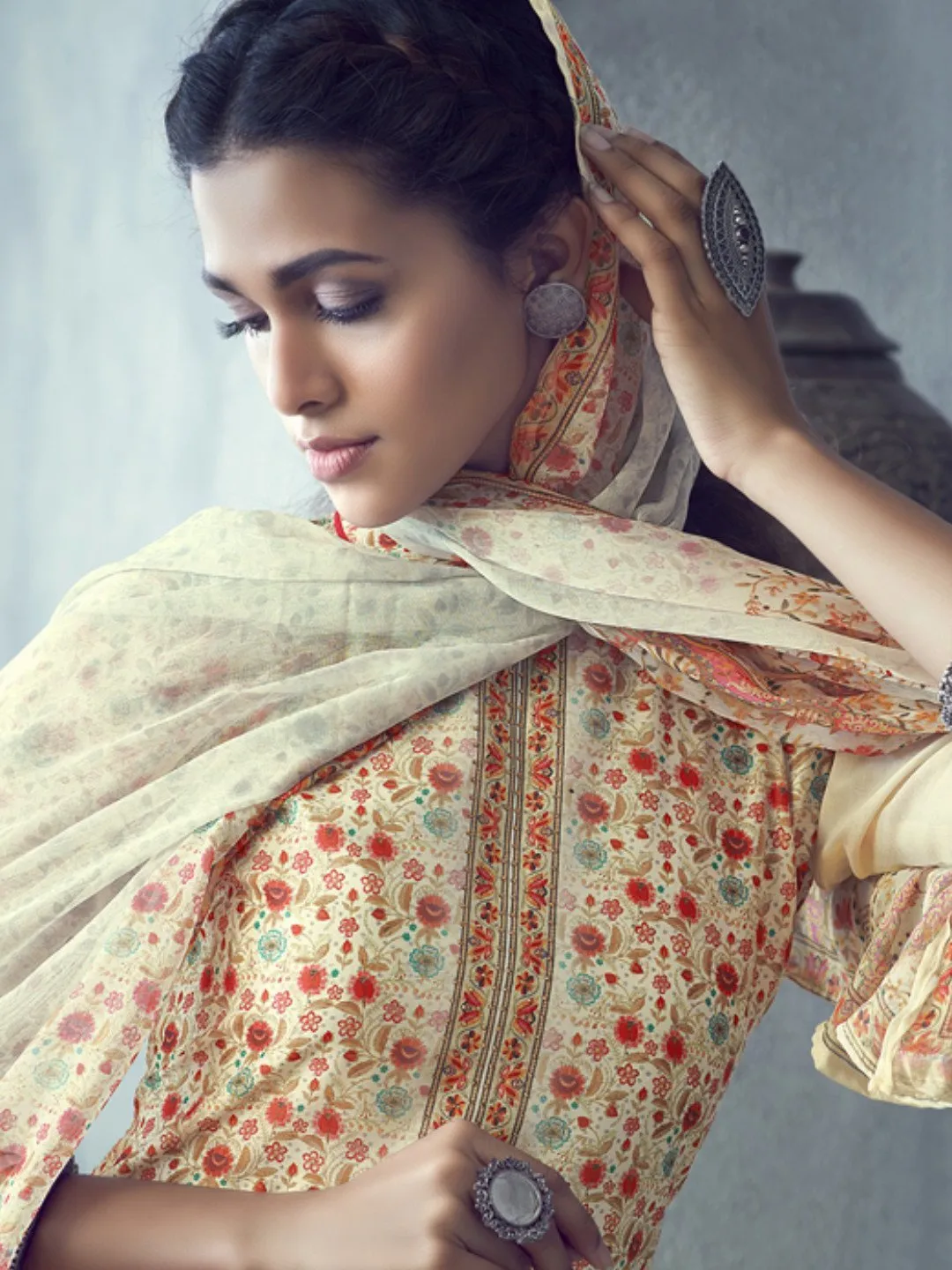 Printed Un-Stitched Beige Palazzo Suit with Dupatta