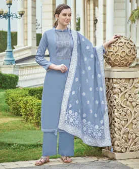 Pure Cotton Blue Unstitched Suit Material with Lucknowi Work