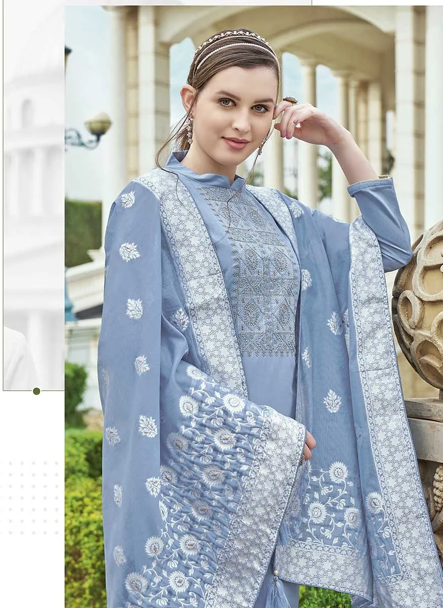 Pure Cotton Blue Unstitched Suit Material with Lucknowi Work