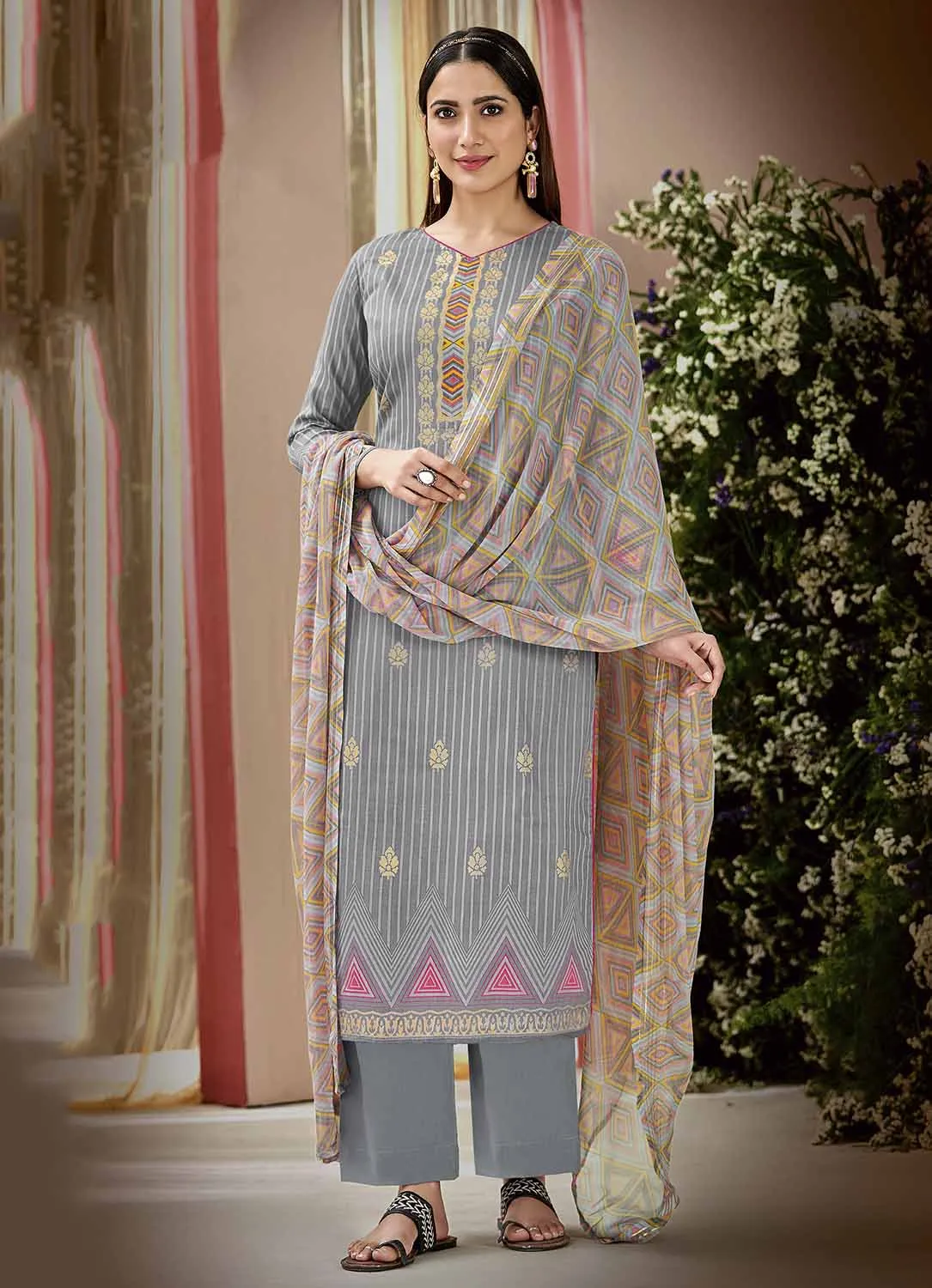 Pure Cotton Printed Grey Unstitched Salwar Suit Material