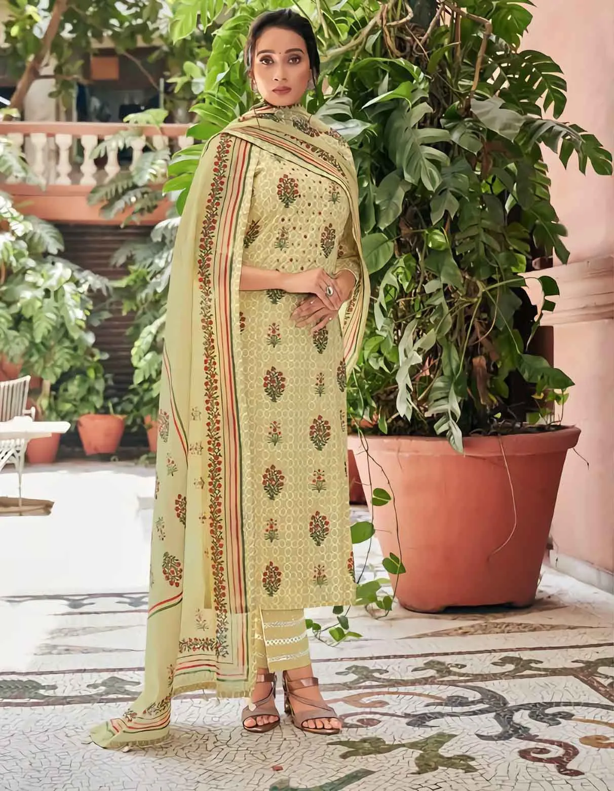 Pure Cotton Unstitched Yellow Salwar Kameez Suit Set With Print