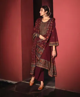 Pure Pashmina Maroon Winter Unstitched Suits With shawl