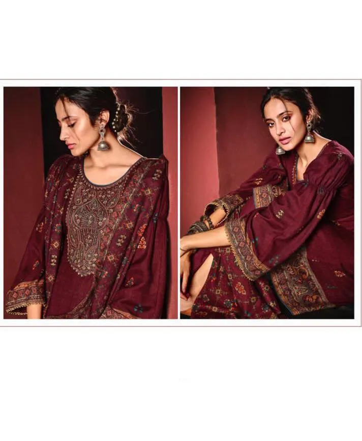 Pure Pashmina Maroon Winter Unstitched Suits With shawl