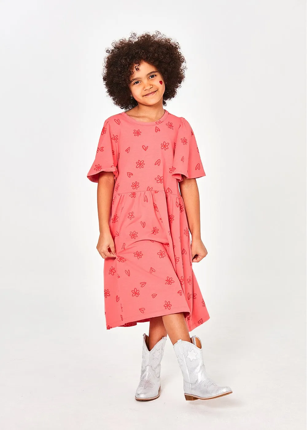 Raspberry Hearts and Flowers Flutter Sleeve Dress