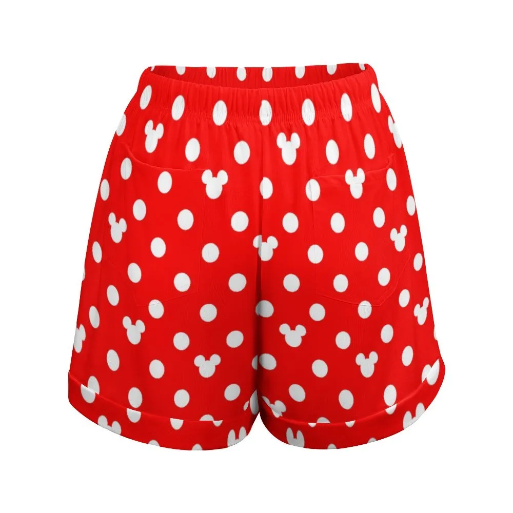 Red With White Mickey Polka Dots Women's High-Waisted Loose Shorts With Pockets