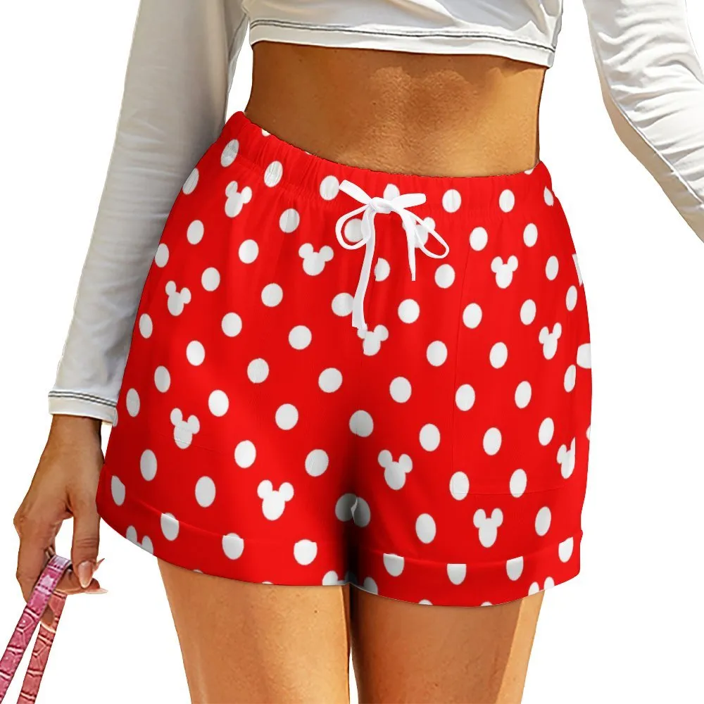 Red With White Mickey Polka Dots Women's High-Waisted Loose Shorts With Pockets