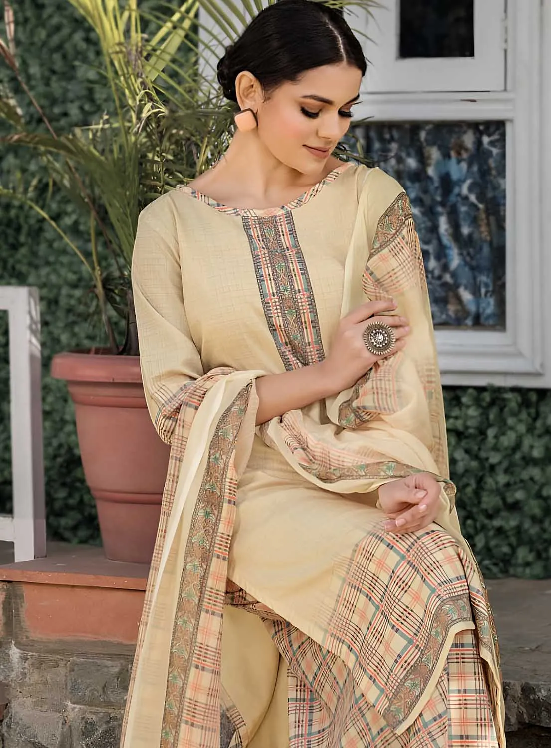 Rivaa Cream Pashmina Unstitched Winter Suit Dress Material for Ladies