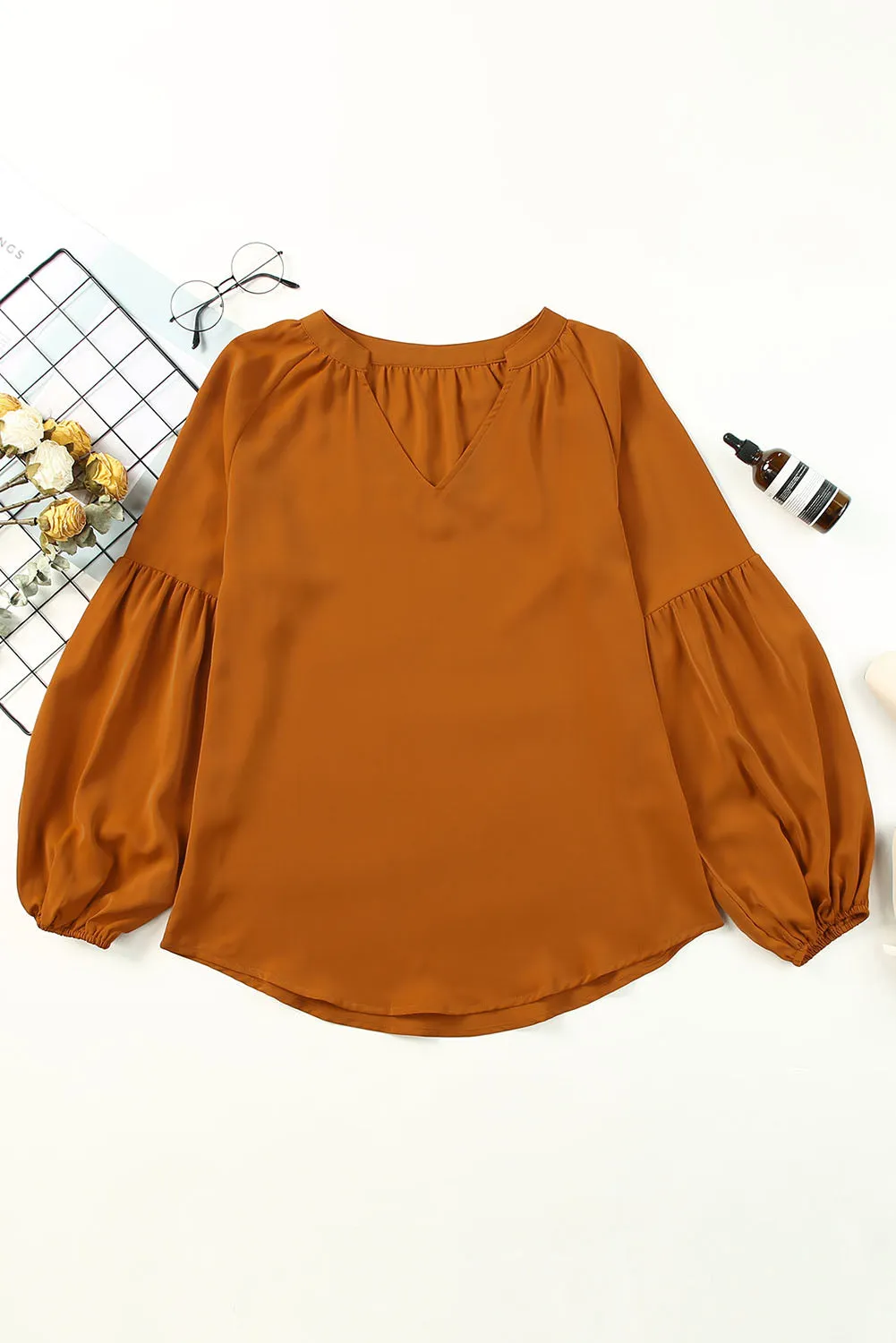 Ruched Notched Balloon Sleeve Blouse