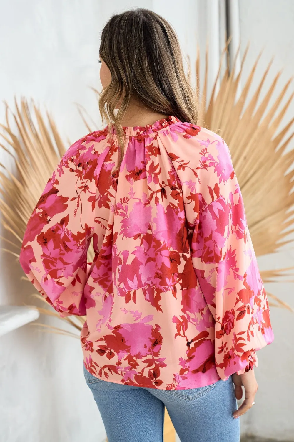 Ruffle V-Neck Decor Button Floral Blouse