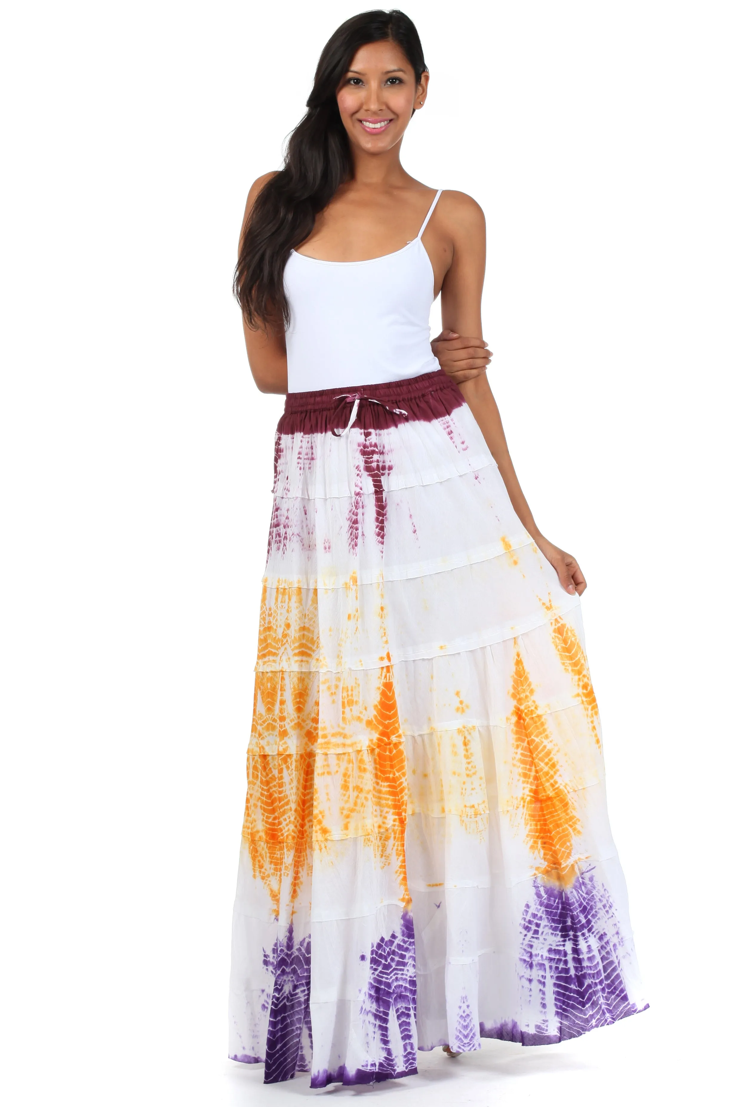 Sakkas Raw Edge Tie Dye Gypsy Boho Peasant Long Cotton Skirt