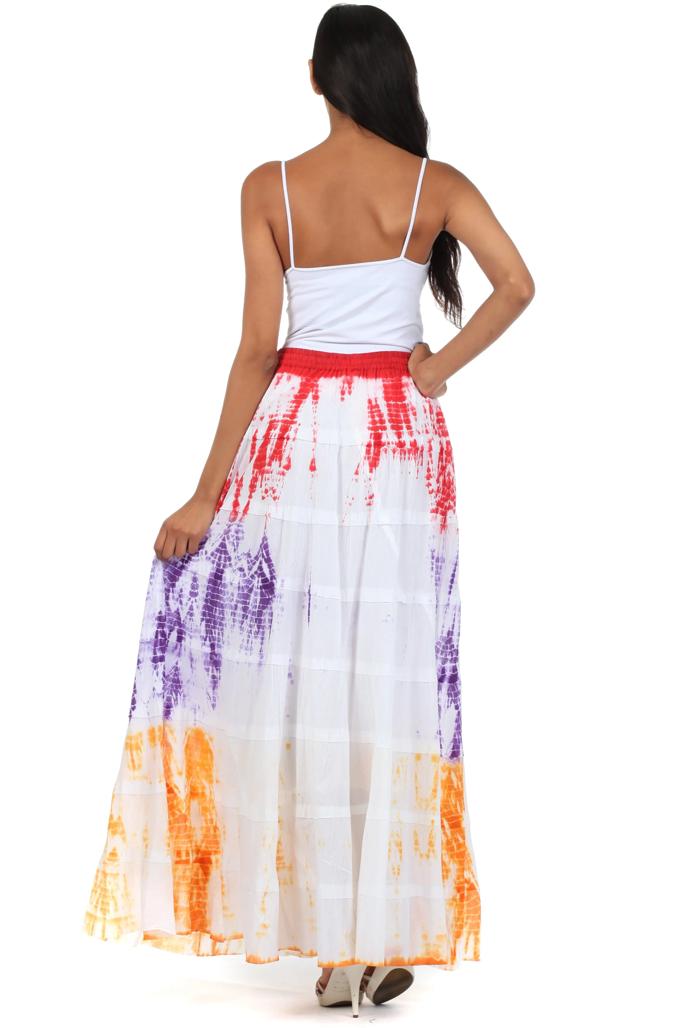 Sakkas Raw Edge Tie Dye Gypsy Boho Peasant Long Cotton Skirt