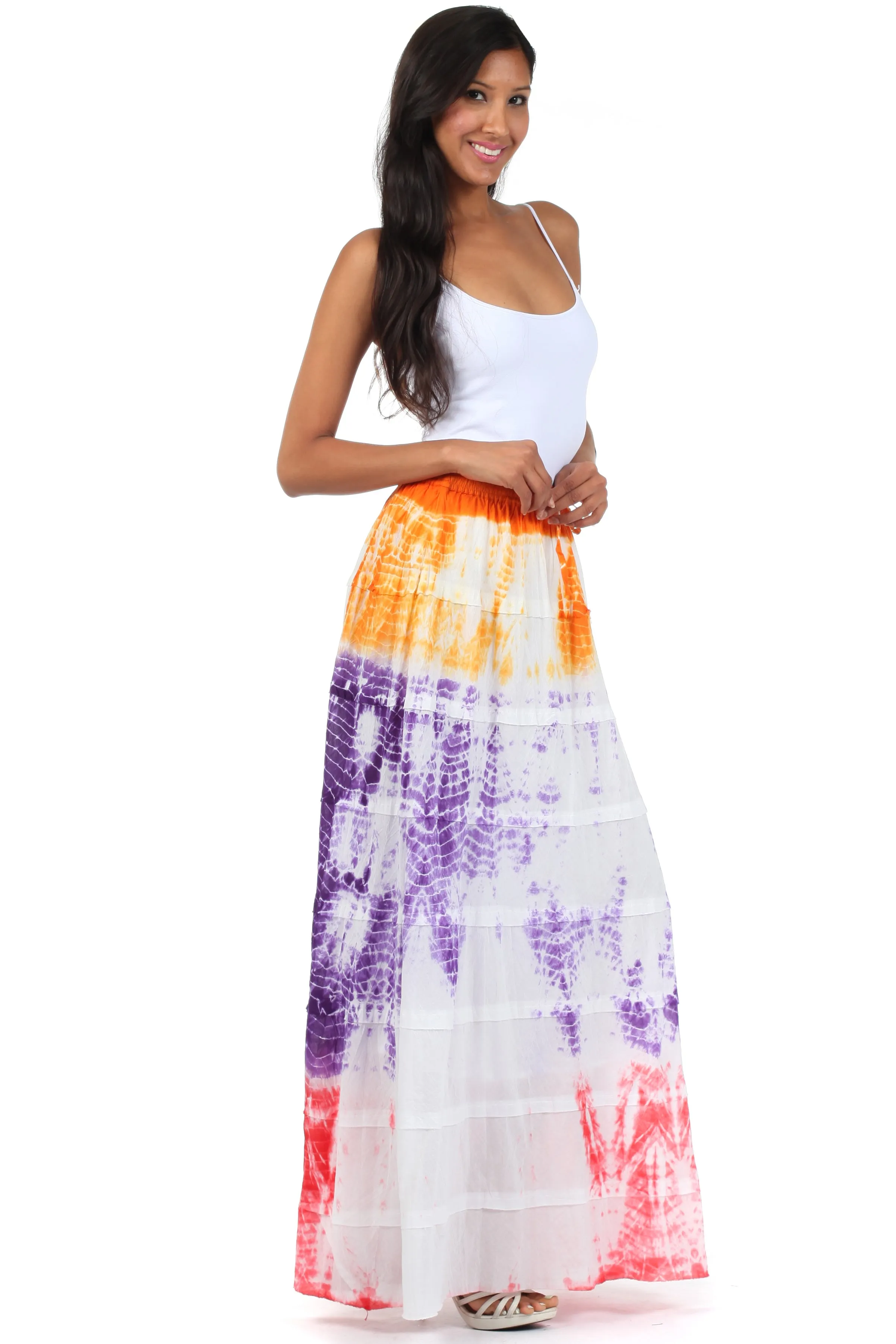 Sakkas Raw Edge Tie Dye Gypsy Boho Peasant Long Cotton Skirt