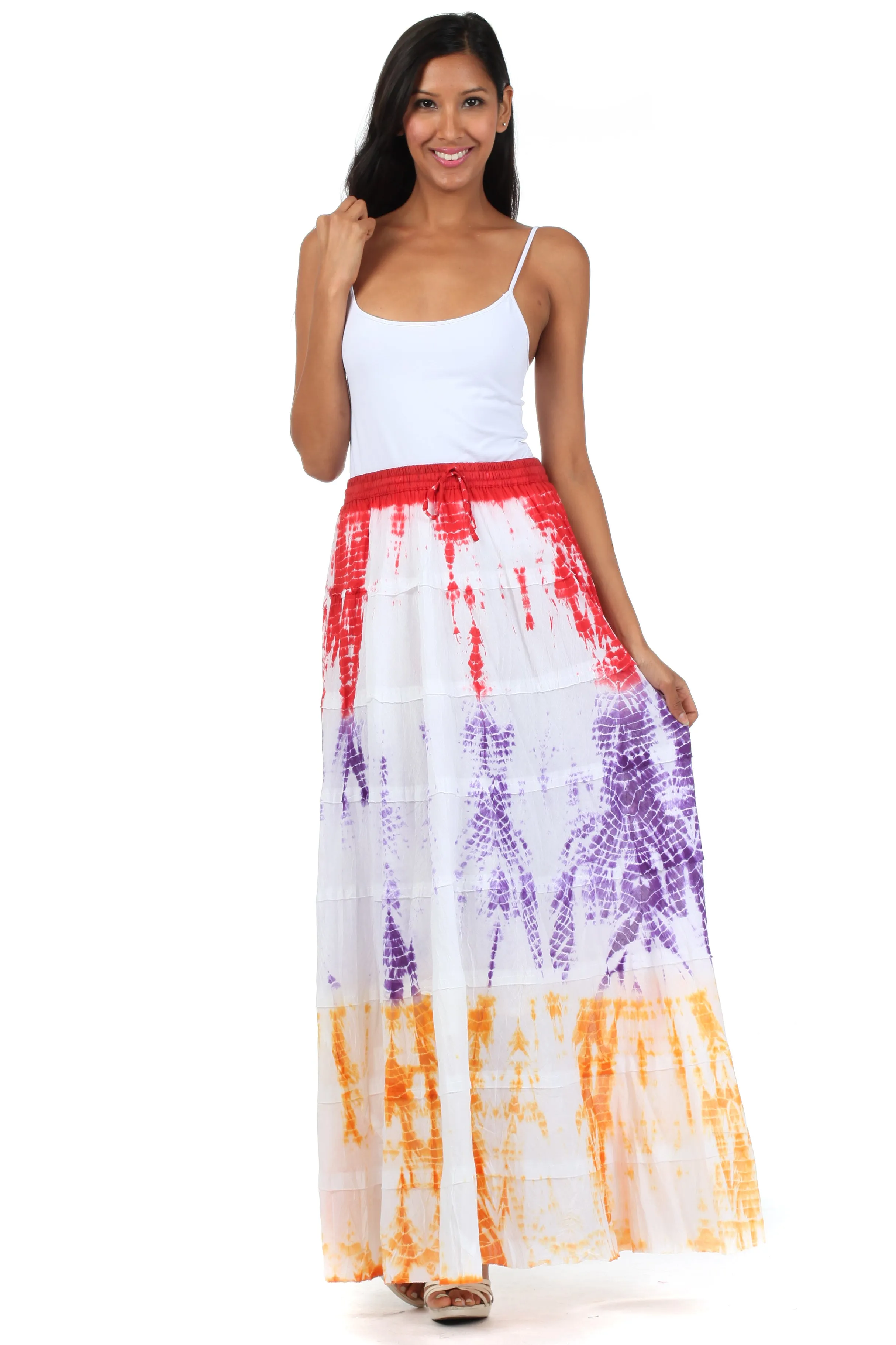 Sakkas Raw Edge Tie Dye Gypsy Boho Peasant Long Cotton Skirt