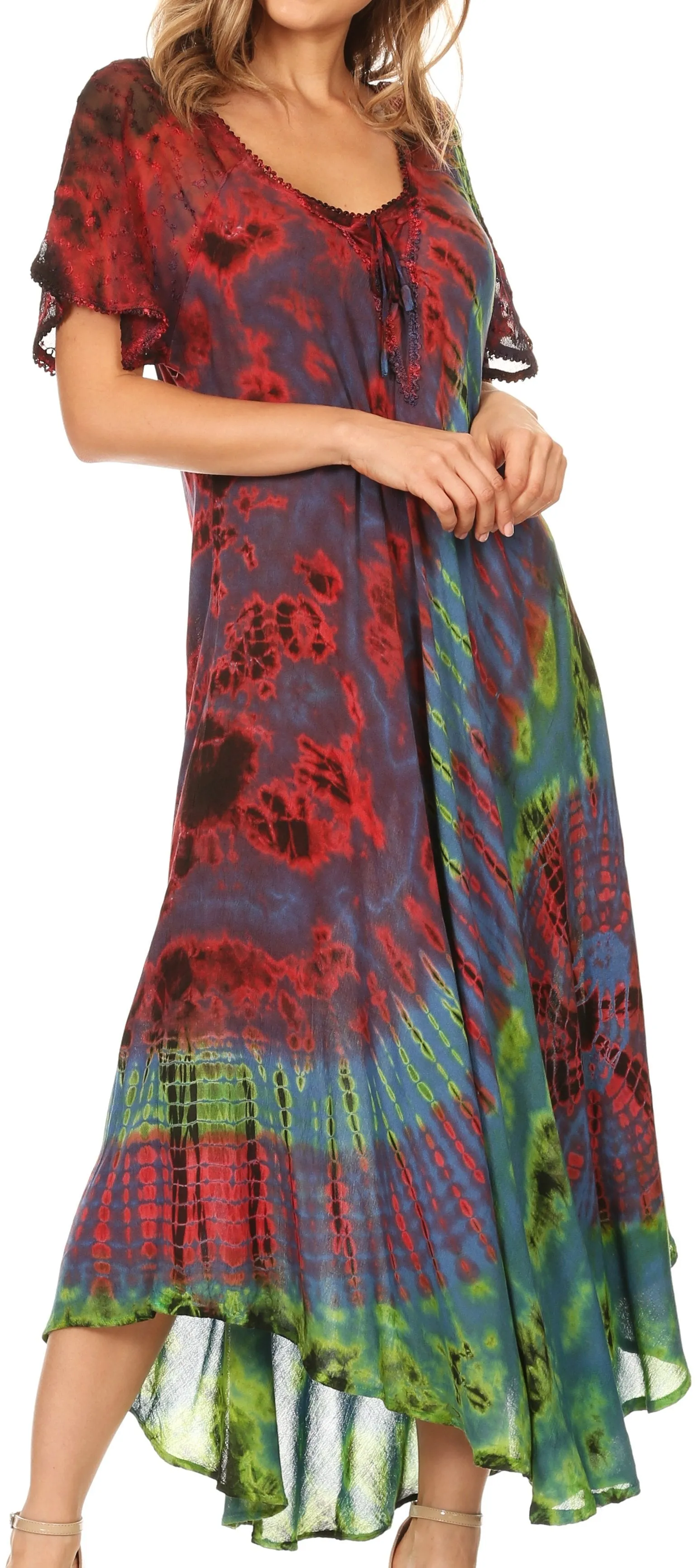 Sakkas Ria Tie Dye Embroidered Cap Sleeve Wide Neck Caftan Dress / Beach Cover Up