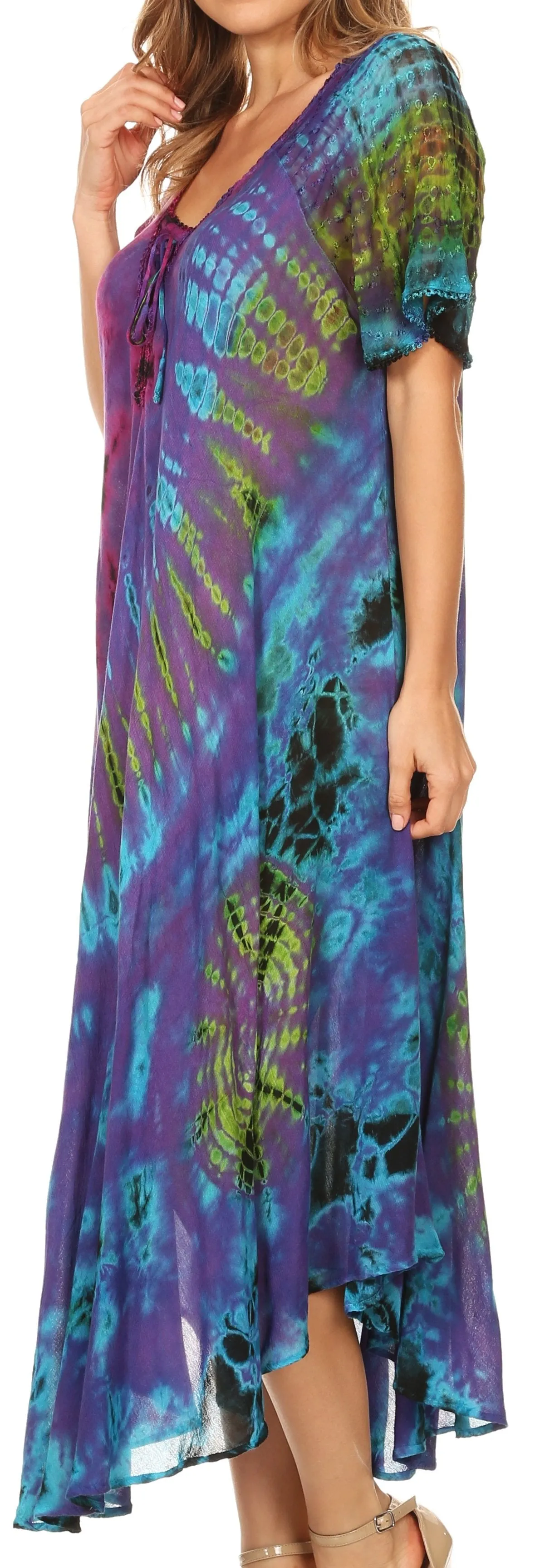 Sakkas Ria Tie Dye Embroidered Cap Sleeve Wide Neck Caftan Dress / Beach Cover Up