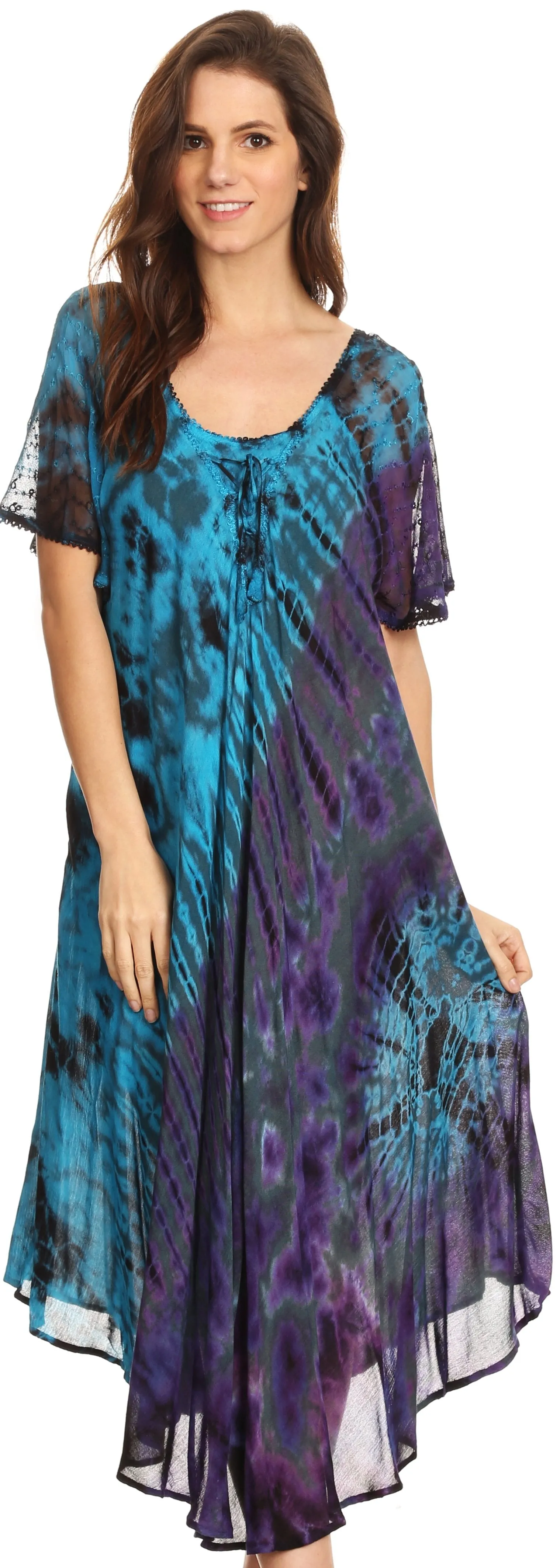 Sakkas Ria Tie Dye Embroidered Cap Sleeve Wide Neck Caftan Dress / Beach Cover Up