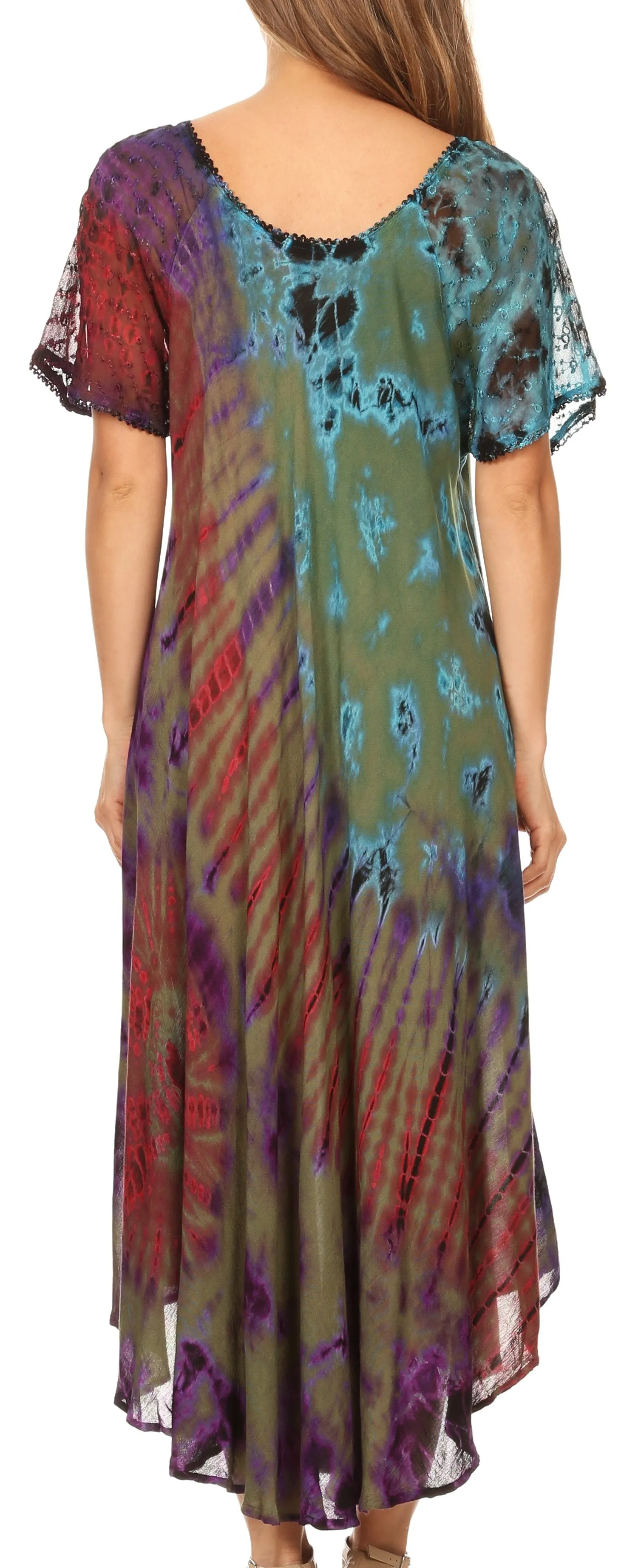 Sakkas Ria Tie Dye Embroidered Cap Sleeve Wide Neck Caftan Dress / Beach Cover Up