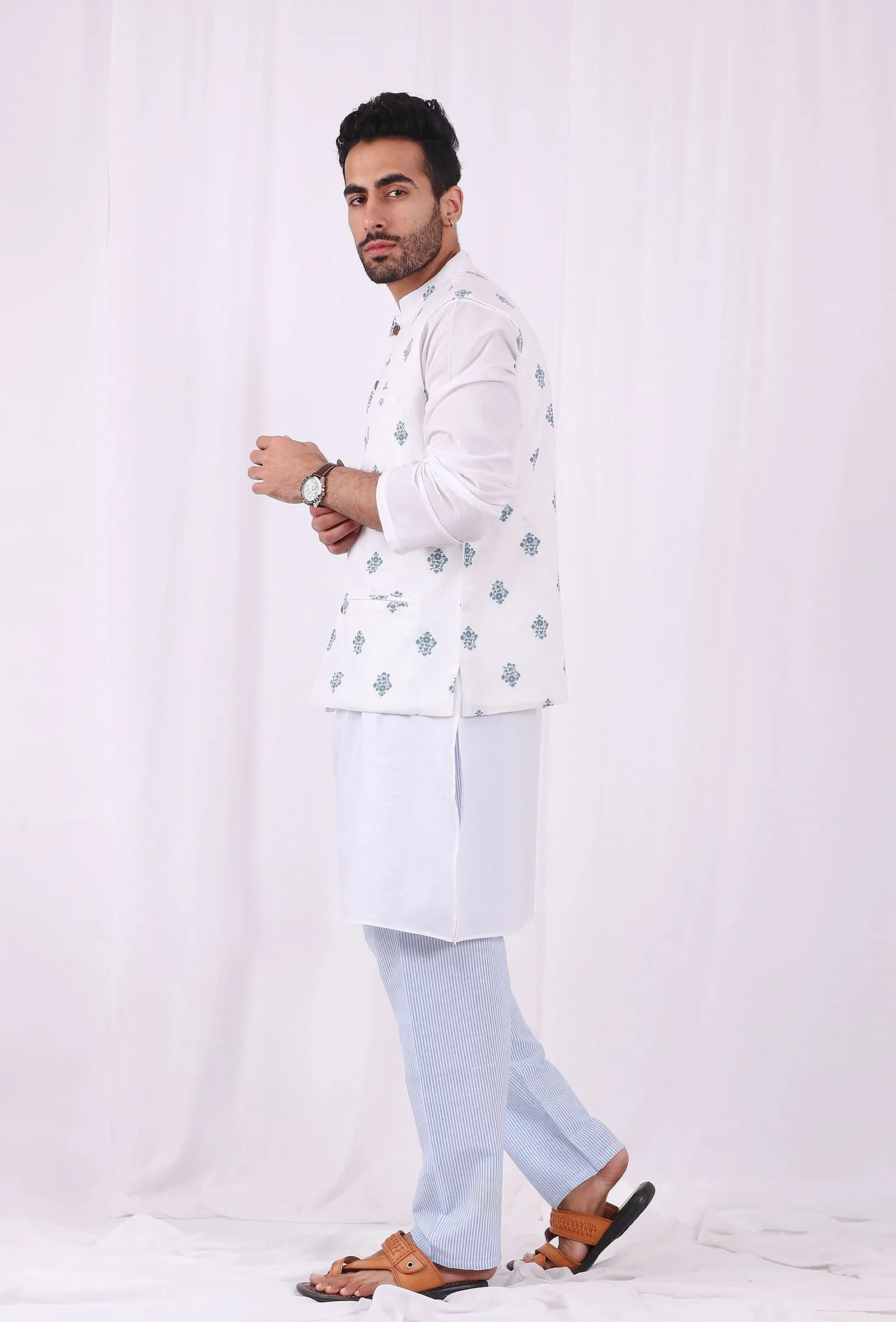 Set of 3: White Cotton kurta and Blue Striped Pajama  with Blue Hand Block Printed Floral Nehru Jacket