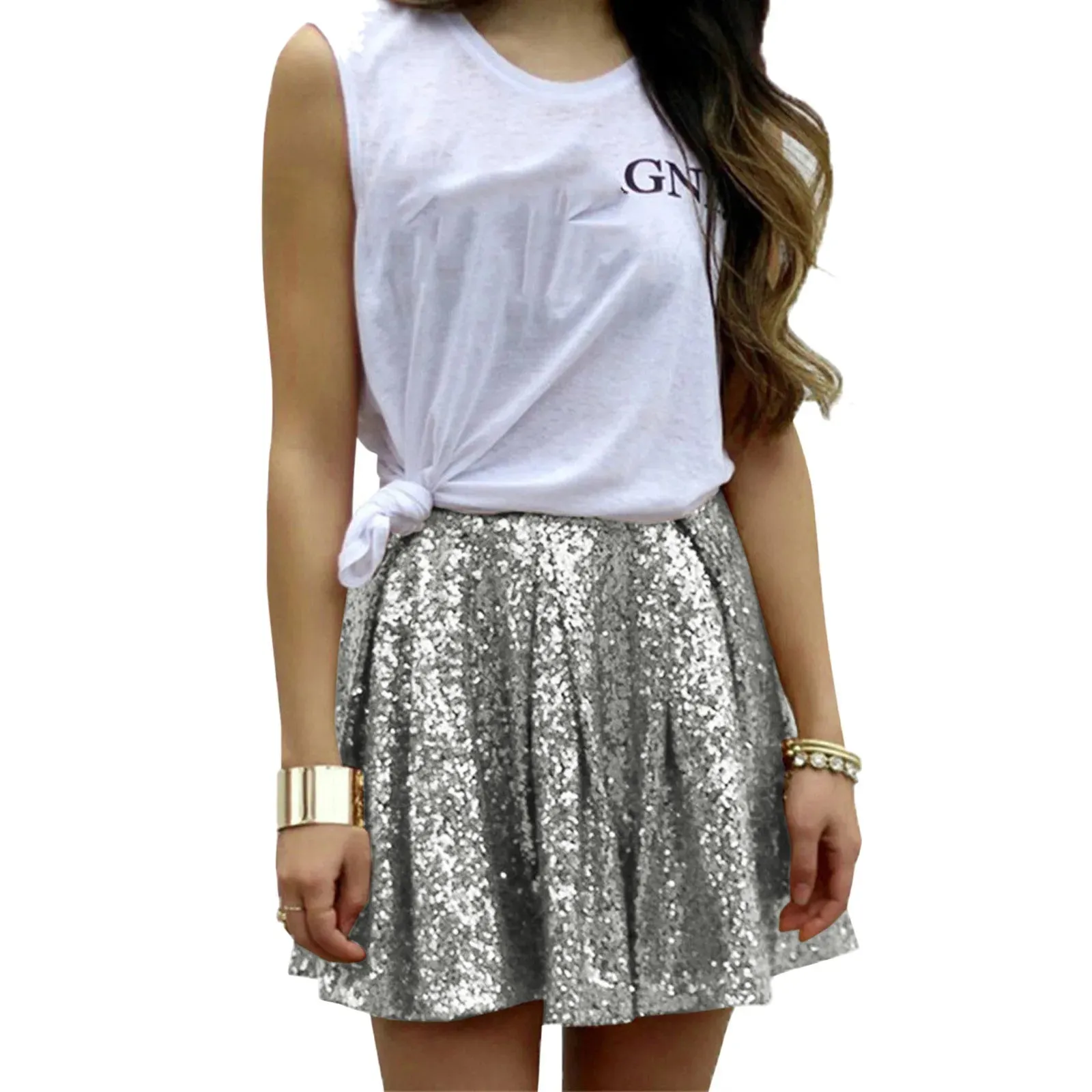 Sexy Sliver Gold Spring Ladies Mini Pleated Glitter Hot Night Club Fashion Skirt