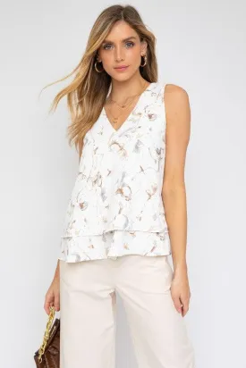 Sleeveless V-Neck Layered Bottom Abstract Top