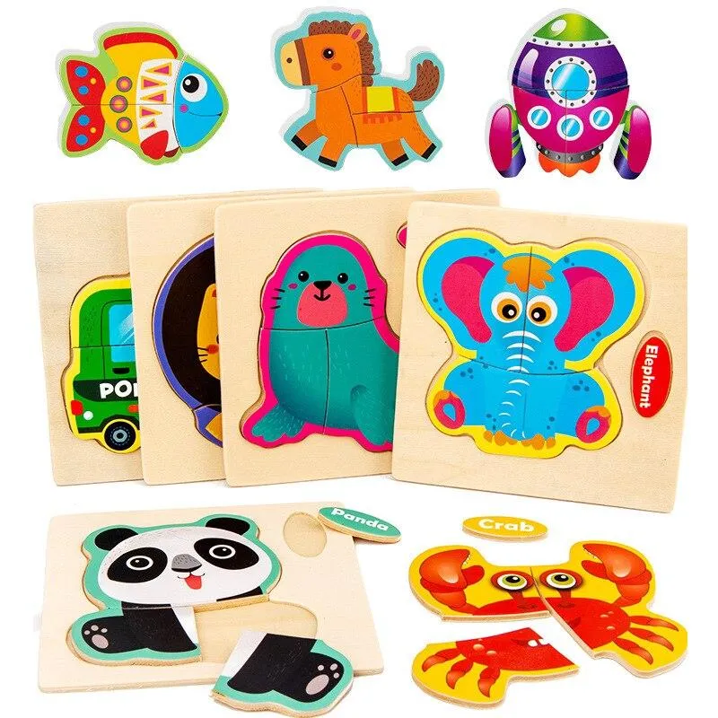 Small Size 3D Wood Puzzles Cartoon Animals Kids Cognitive Jigsaw Puzzle Wooden Toys for Children Baby Early Learning Educational