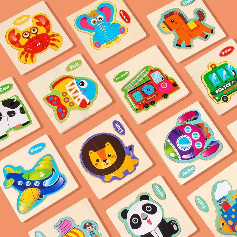 Small Size 3D Wood Puzzles Cartoon Animals Kids Cognitive Jigsaw Puzzle Wooden Toys for Children Baby Early Learning Educational