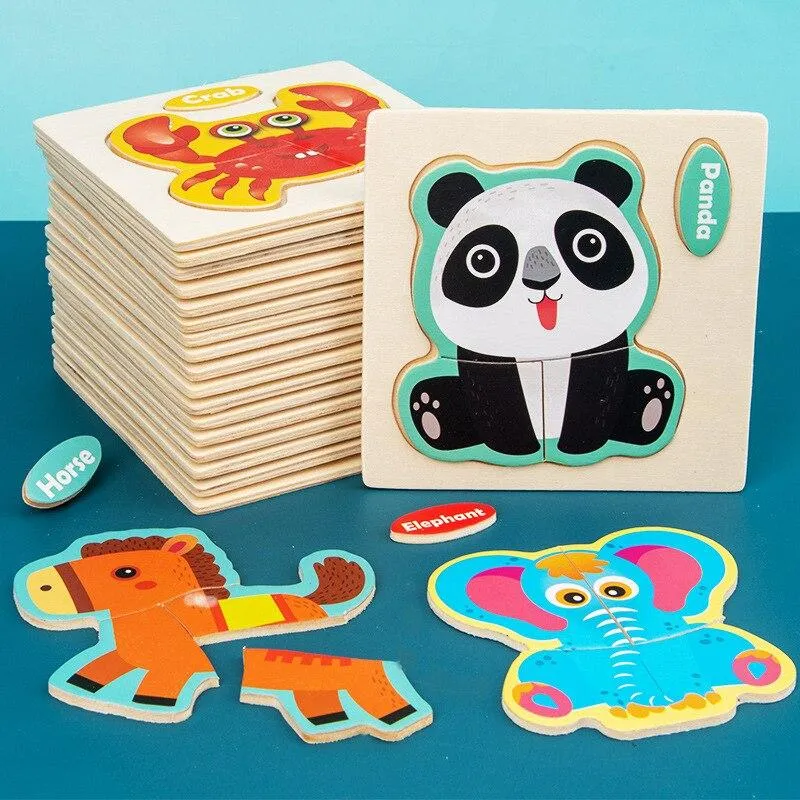 Small Size 3D Wood Puzzles Cartoon Animals Kids Cognitive Jigsaw Puzzle Wooden Toys for Children Baby Early Learning Educational