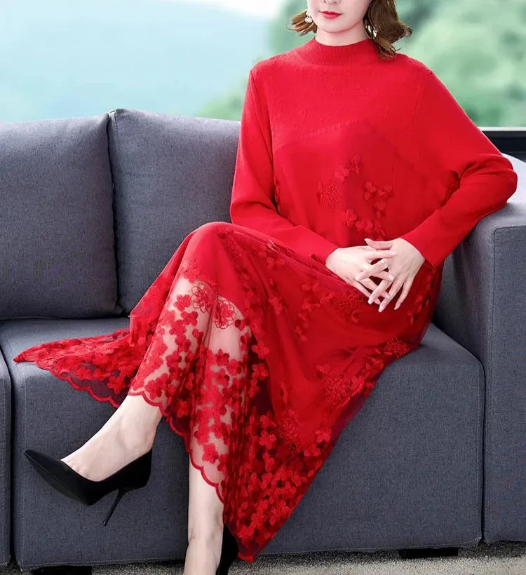 Spliced Embroidery Round Neck Long Sleeve Knit Dress