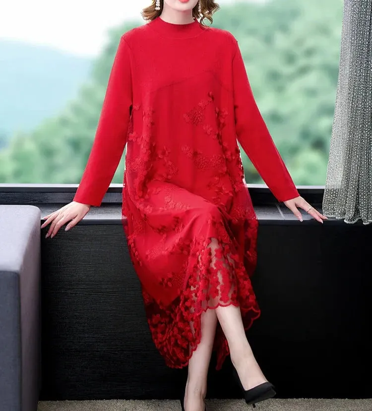 Spliced Embroidery Round Neck Long Sleeve Knit Dress