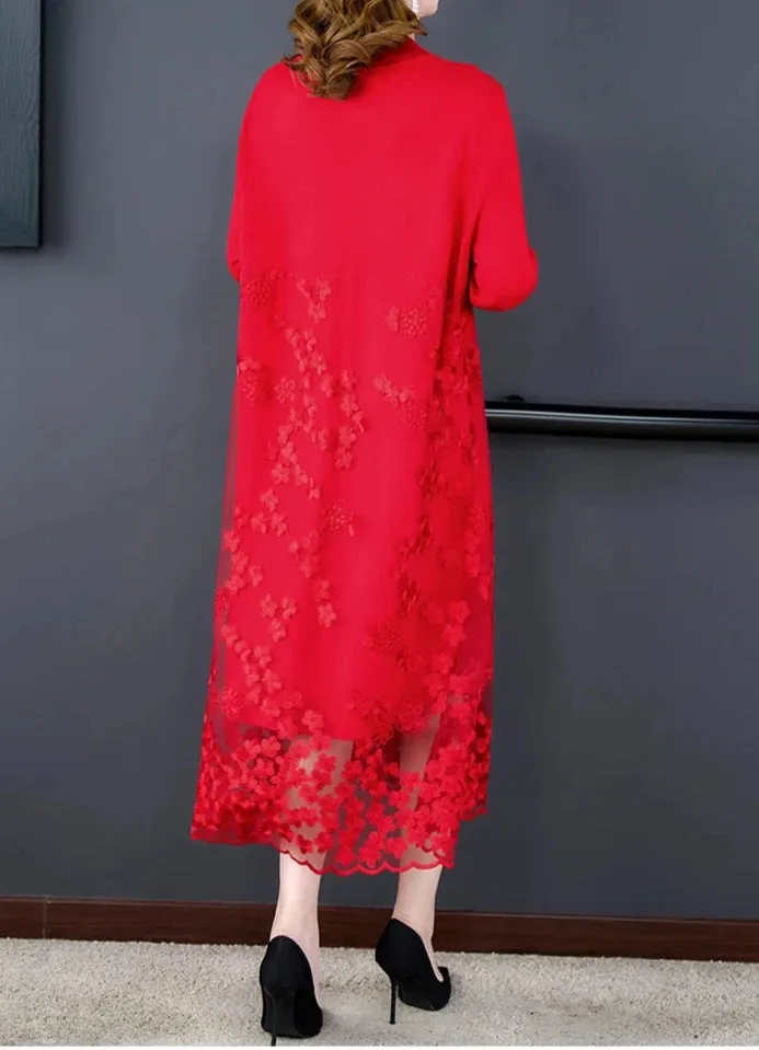 Spliced Embroidery Round Neck Long Sleeve Knit Dress