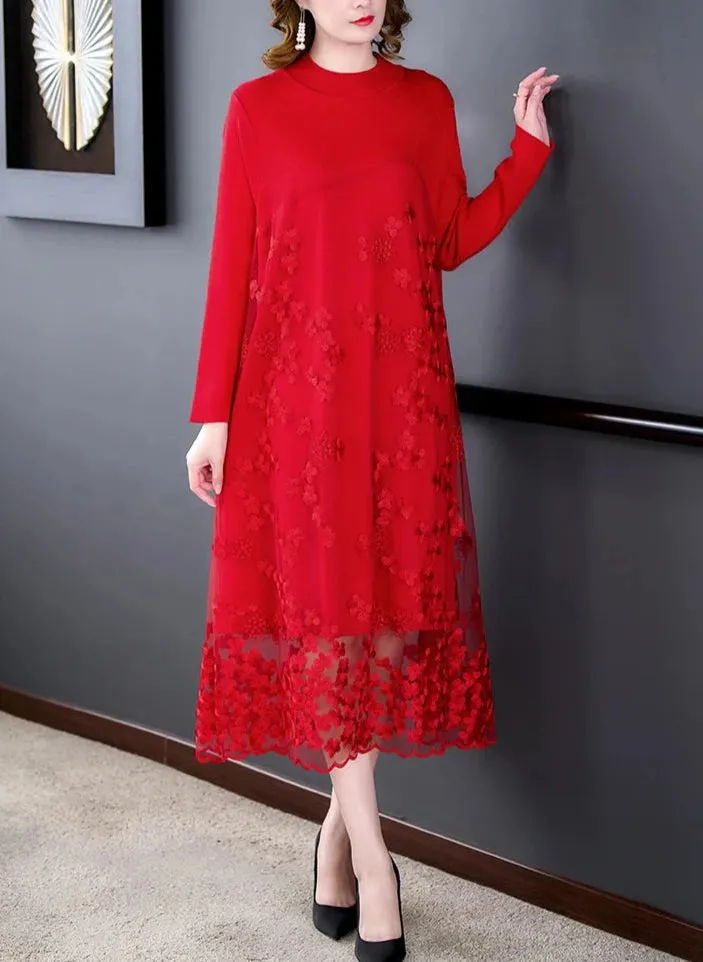 Spliced Embroidery Round Neck Long Sleeve Knit Dress