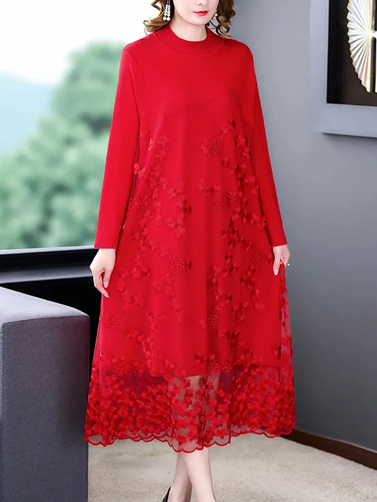 Spliced Embroidery Round Neck Long Sleeve Knit Dress