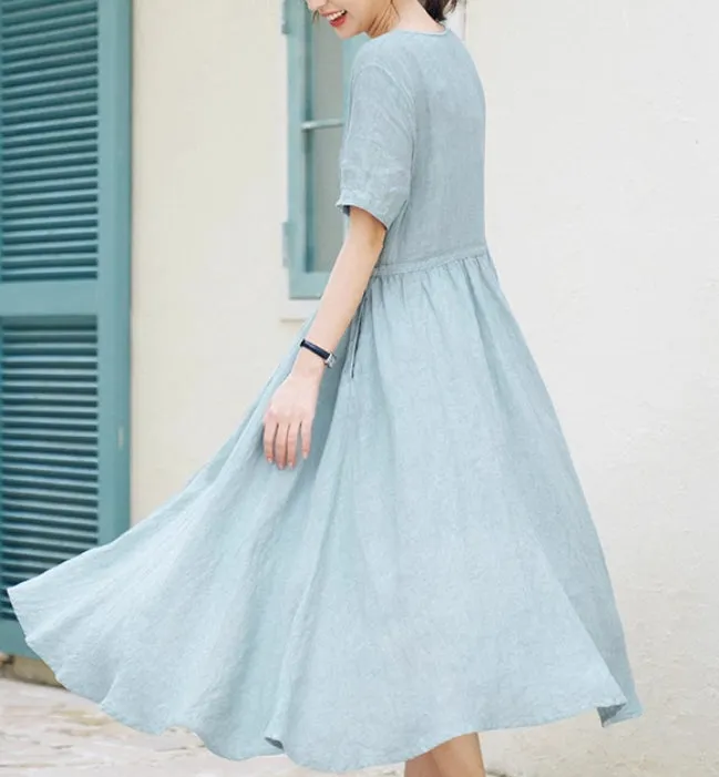 Summer Washed Soft Linen Dress Full Skirt 2211