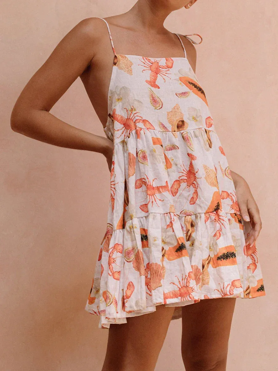 Tie Straps Crab Print Backless A-Line Mini Summer Sleeveless Dress