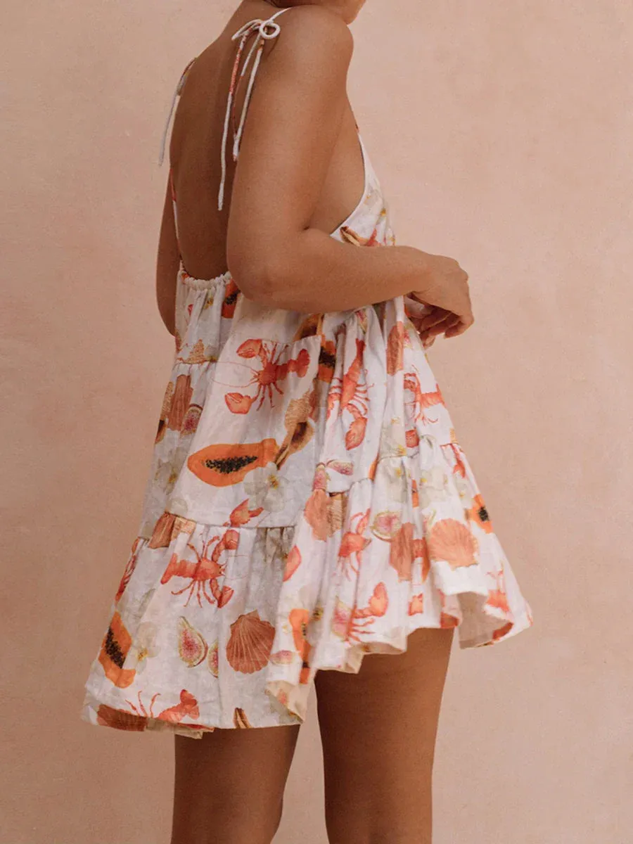 Tie Straps Crab Print Backless A-Line Mini Summer Sleeveless Dress