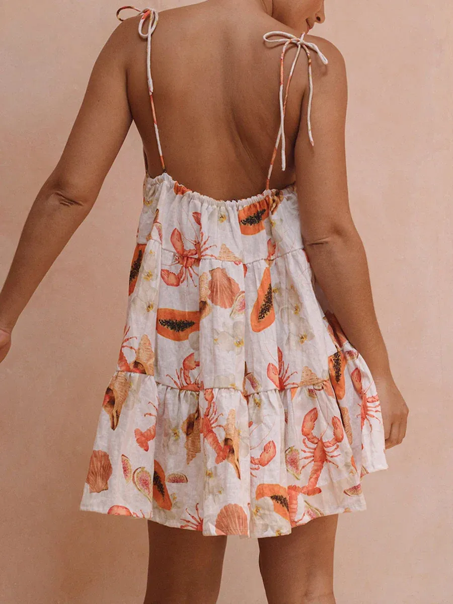 Tie Straps Crab Print Backless A-Line Mini Summer Sleeveless Dress