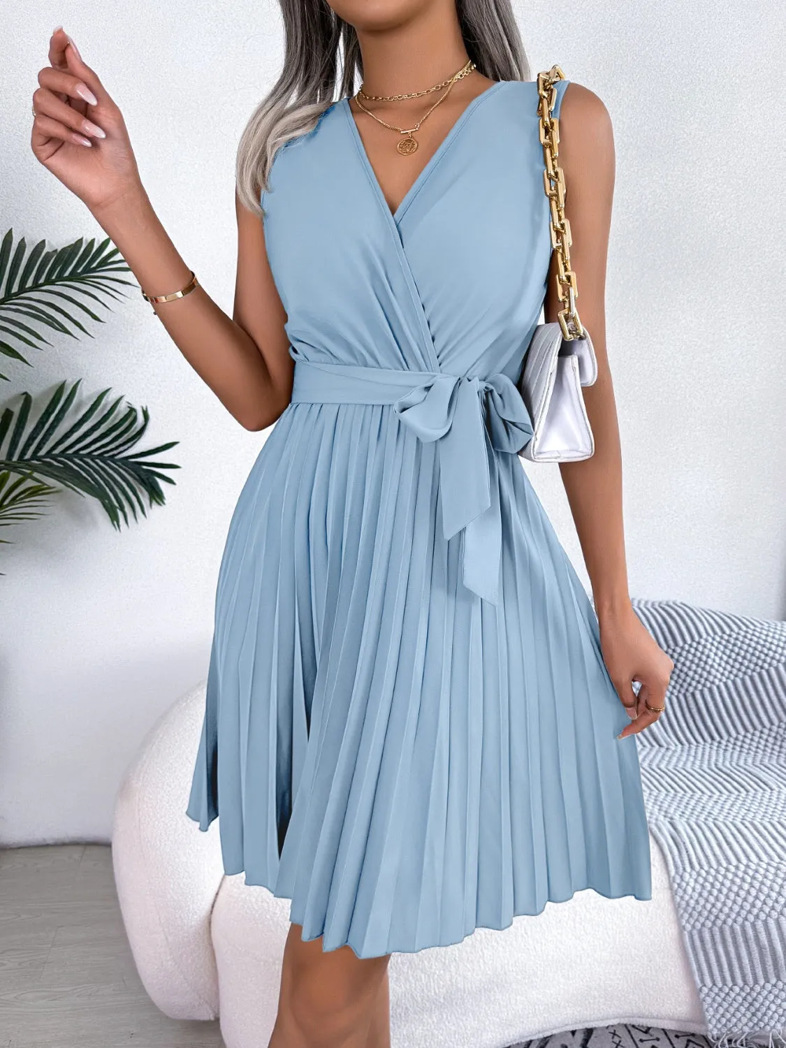 Tied Surplice Sleeveless Pleated Dress