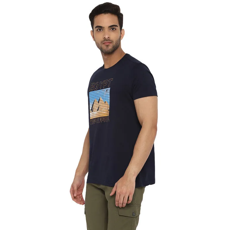 Turtle Men Essentials Navy Blue Printed Round Neck T-Shirts