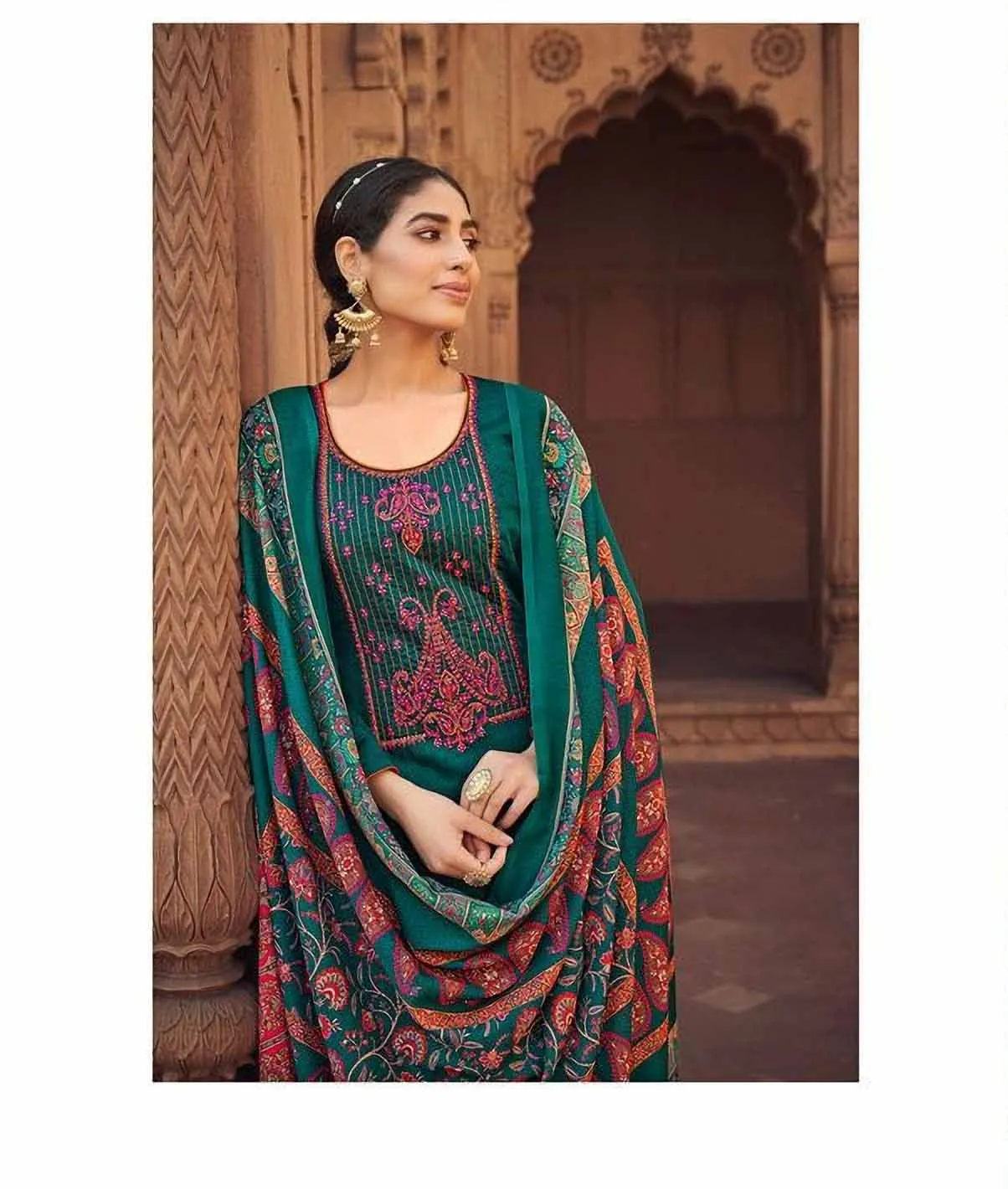 Unstitched Green Jam Satin Printed Dress Material With Embroidery