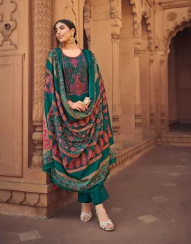 Unstitched Green Jam Satin Printed Dress Material With Embroidery