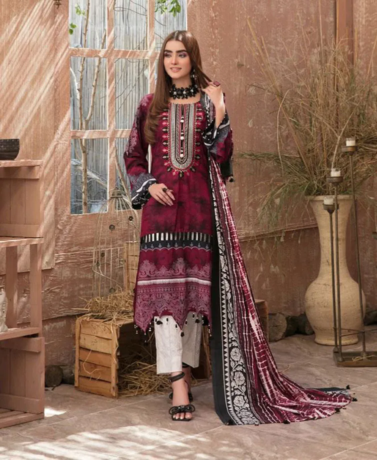 Unstitched Maroon Cotton Pakistani Suit Material