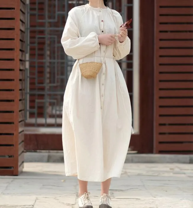 White Linen Long Sleeve Dress Loose Women Dress SJP9201229