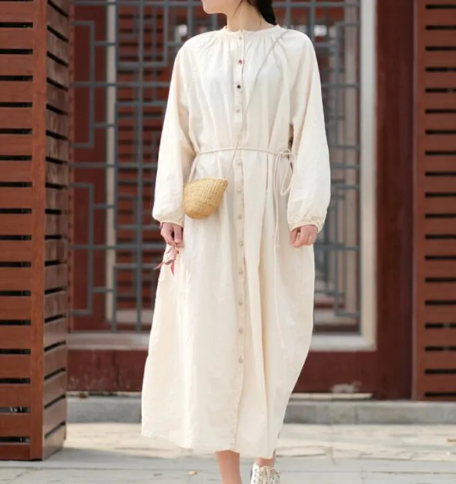 White Linen Long Sleeve Dress Loose Women Dress SJP9201229