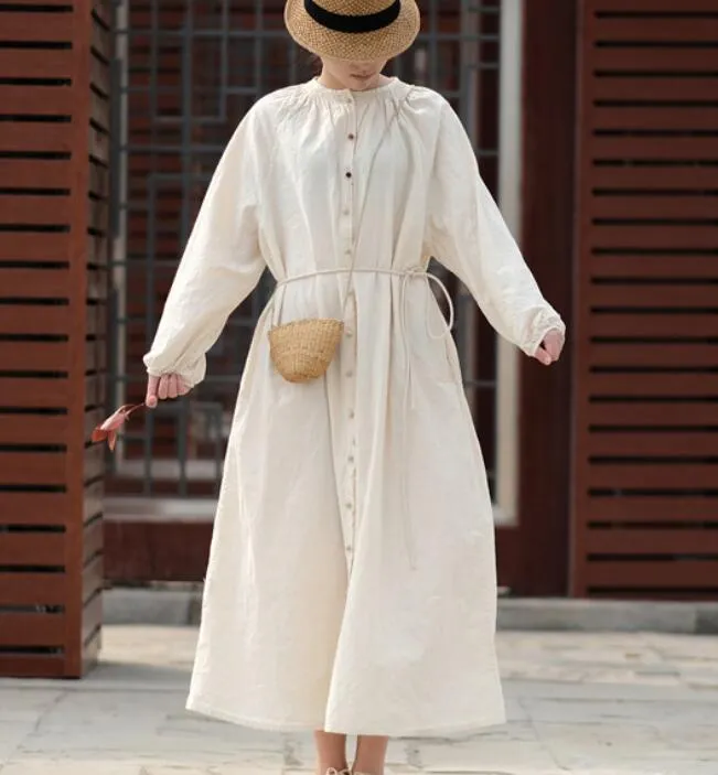 White Linen Long Sleeve Dress Loose Women Dress SJP9201229