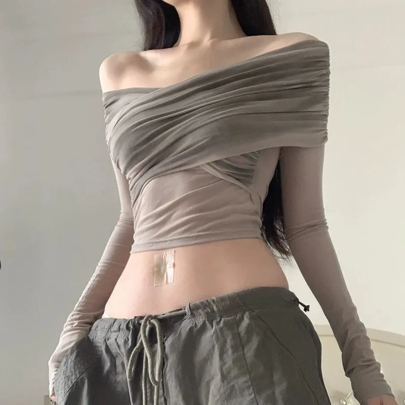 Winter Women Clothing Pleated Slim Fit Inner Wear Sexy Cross Gradient off Shoulder T shirt