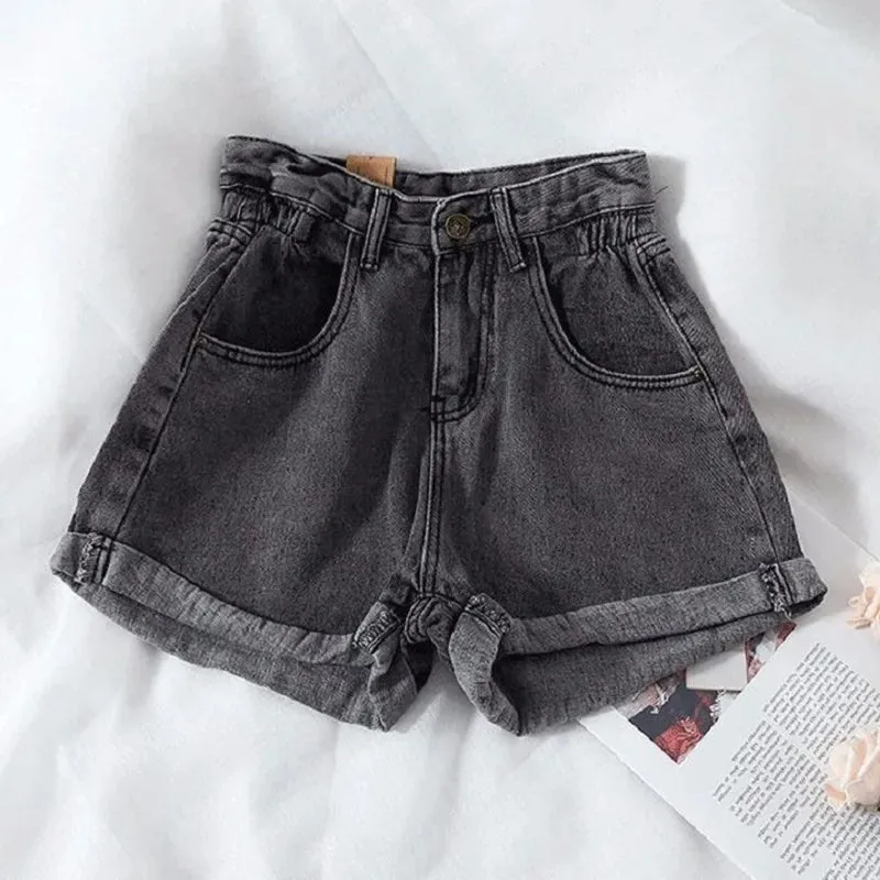 Women Denim Jean Shorts High Waisted Casual Summer Folded Hem Short Jeans with Pockets